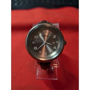 Fossil Oversized AM-4304 Date Silver Stainless Steel Quartz Brown Band Working